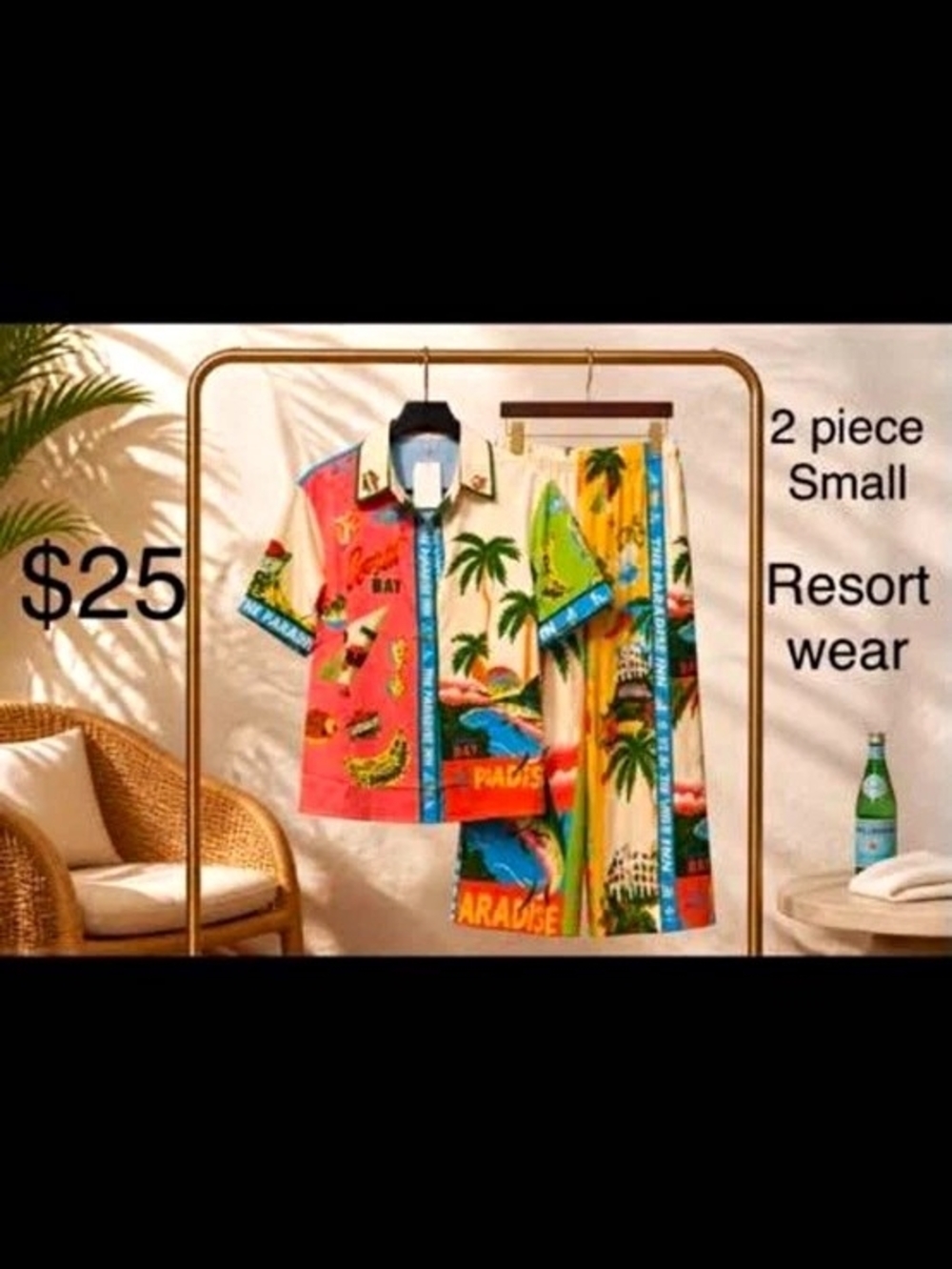 Resort Women’s S 2pc Multicolor Tropical Satin Button Shirt & Pants Set